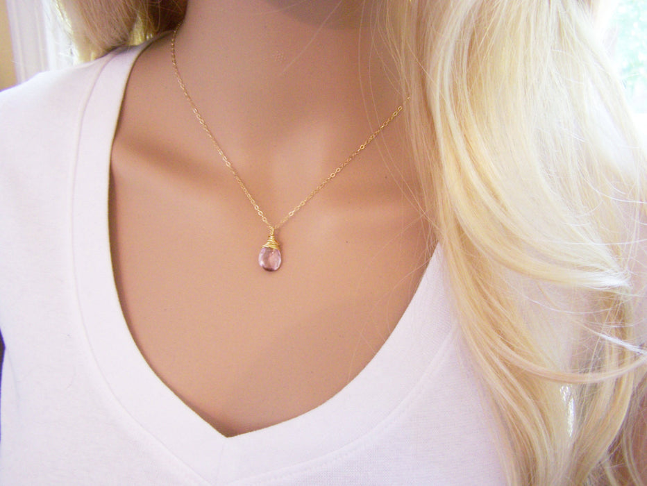 Light Amethyst Gemstone Wire Wrapped Briolette Teardrop Necklace - Gold Filled Necklace - June Birthstone - Pink Amethyst Necklace