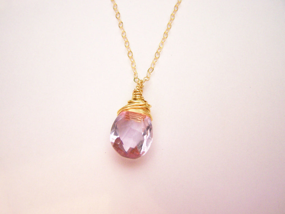 Light Amethyst Gemstone Wire Wrapped Briolette Teardrop Necklace - Gold Filled Necklace - June Birthstone - Pink Amethyst Necklace