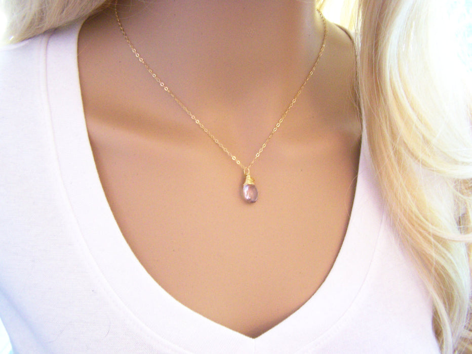 Light Amethyst Gemstone Wire Wrapped Briolette Teardrop Necklace - Gold Filled Necklace - June Birthstone - Pink Amethyst Necklace