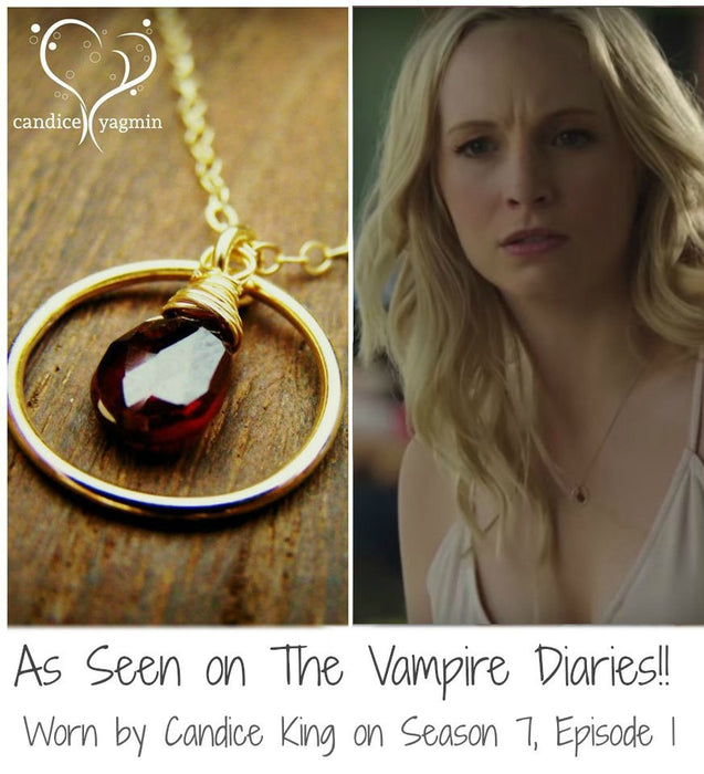 Vampire Diaries Necklace - Garnet Gemstone Wire Wrapped Briolette Teardrop Necklace