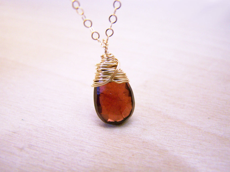 Garnet Gemstone Wire Wrapped Briolette Teardrop Necklace