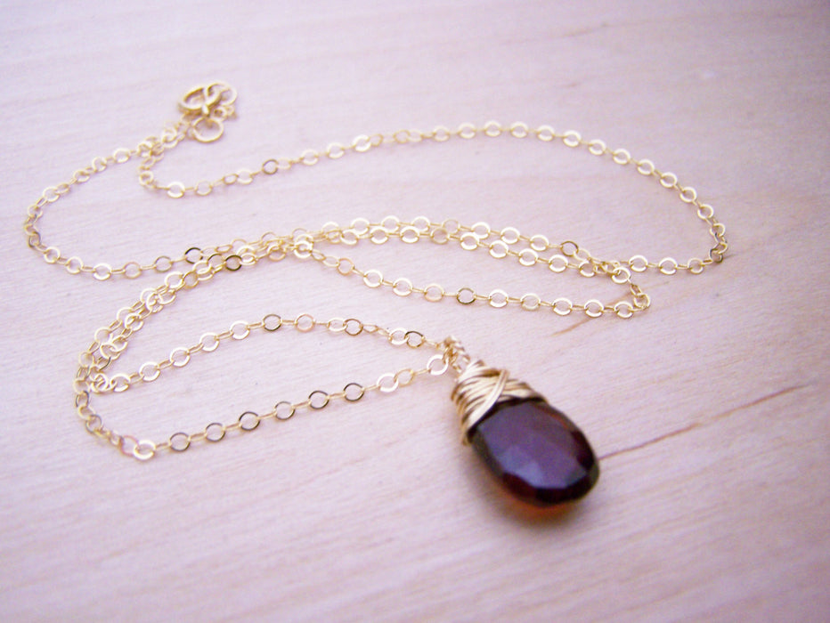 Garnet Gemstone Wire Wrapped Briolette Teardrop Necklace