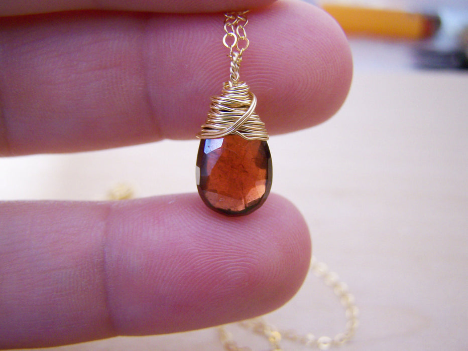 Garnet Gemstone Wire Wrapped Briolette Teardrop Necklace