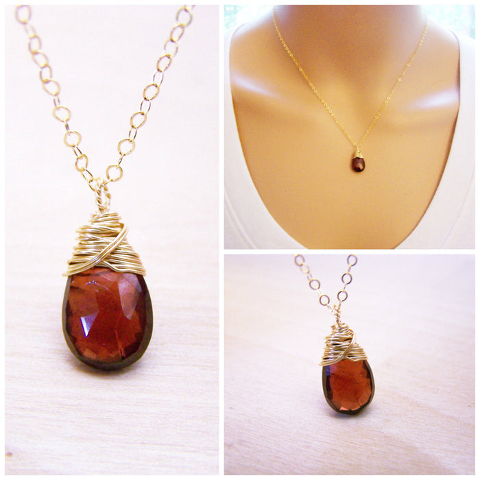 Garnet Gemstone Wire Wrapped Briolette Teardrop Necklace