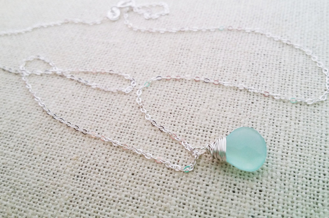 Aqua Chalcedony Wire Wrapped Briolette Sterling Silver Necklace