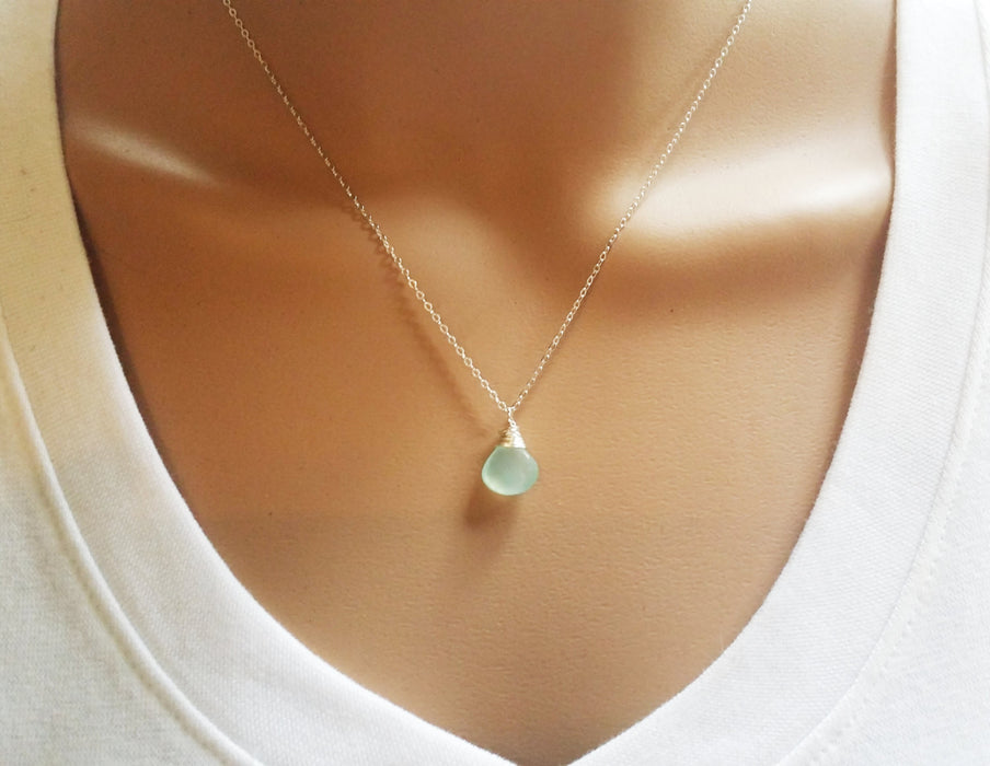 Aqua Chalcedony Wire Wrapped Briolette Sterling Silver Necklace