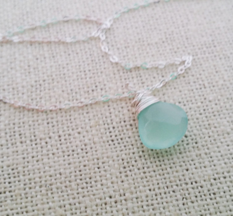 Aqua Chalcedony Wire Wrapped Briolette Sterling Silver Necklace