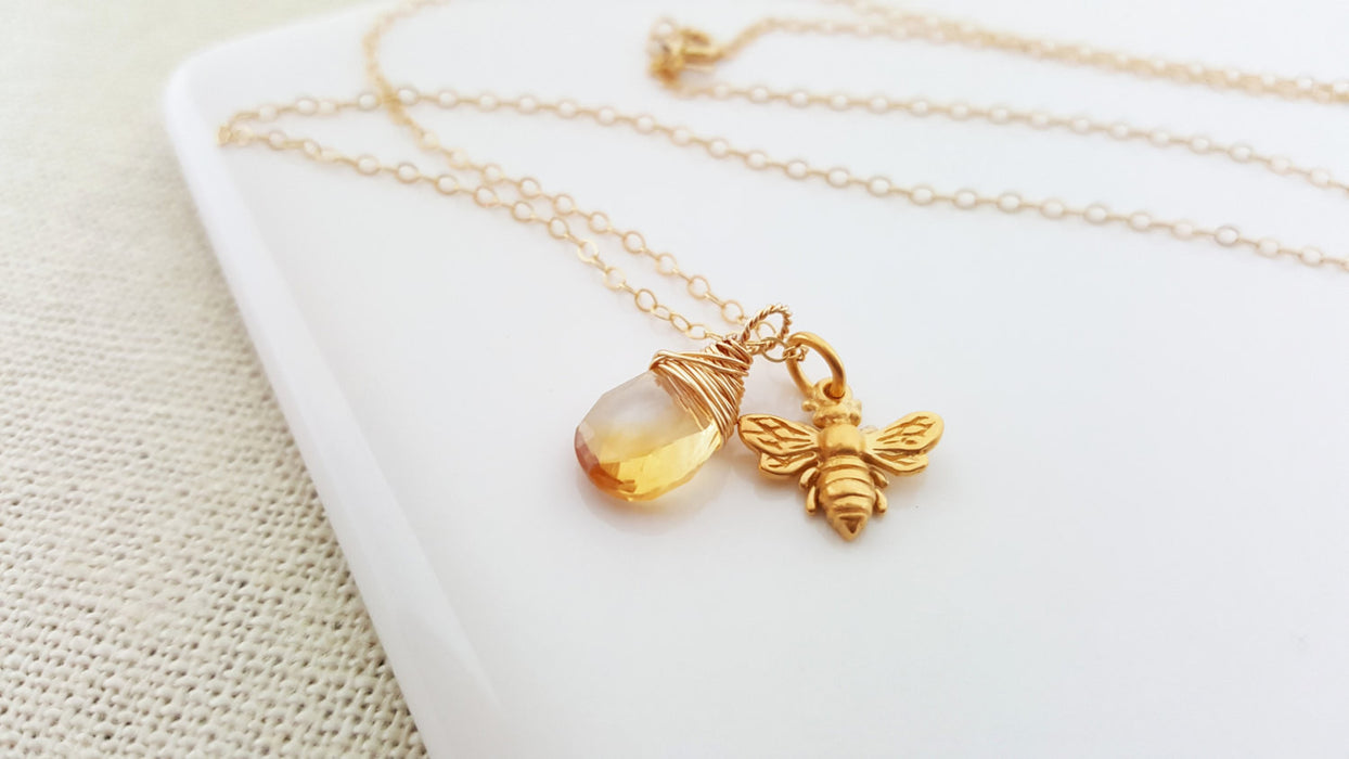 Bee and Citrine Honey Drop Necklace