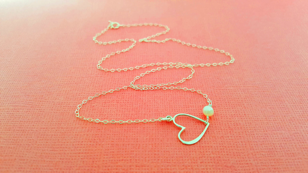 Sideways Heart Necklace - Freshwater Pearl Sterling Silver Necklace - Dainty Necklace - Valentines Necklace - Heart Jewelry - Gift for Her