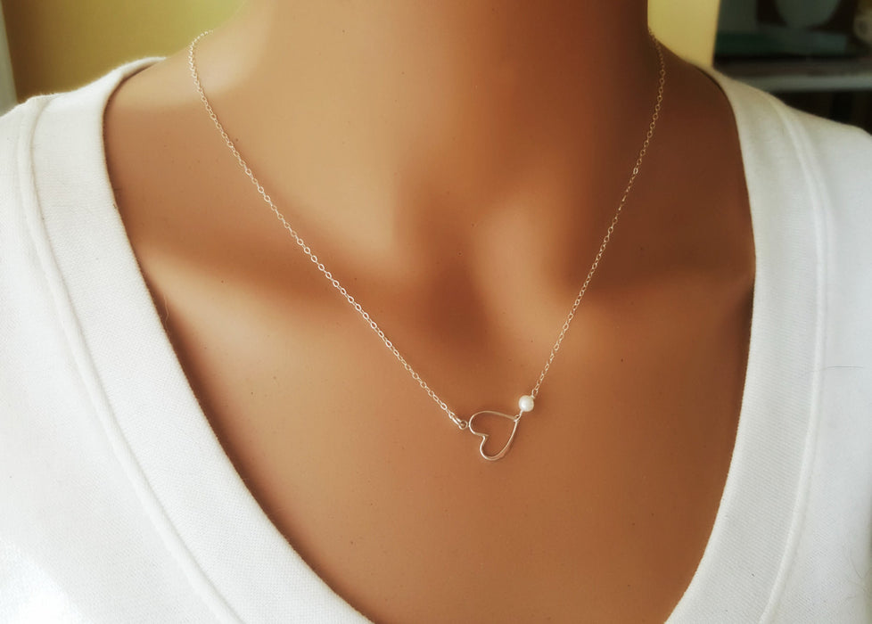 Sideways Heart Necklace - Freshwater Pearl Sterling Silver Necklace - Dainty Necklace - Valentines Necklace - Heart Jewelry - Gift for Her