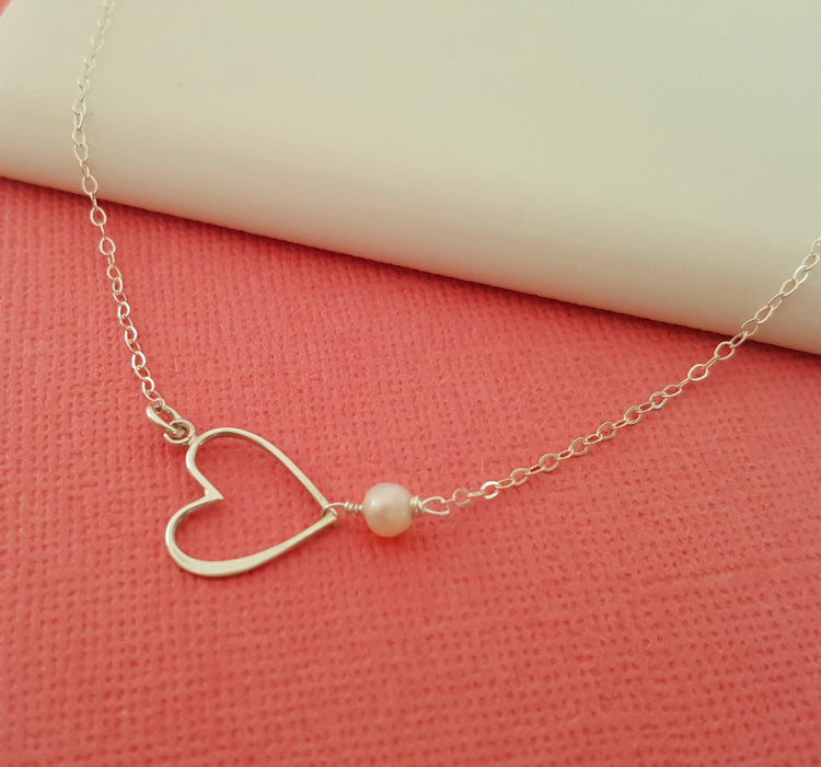 Sideways Heart Necklace - Freshwater Pearl Sterling Silver Necklace - Dainty Necklace - Valentines Necklace - Heart Jewelry - Gift for Her