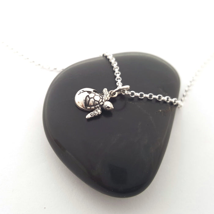 Hatching Sea Turtle Charm Sterling Silver Necklace